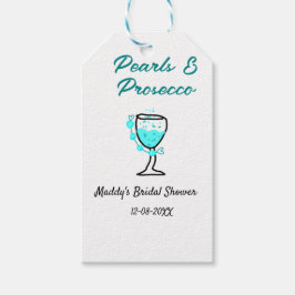 Parel- en prosecco-bruidsfeest blauw zwart naam  cadeaulabel