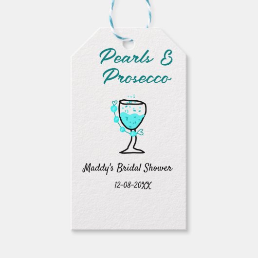 Parel- en prosecco bruiloftsfeest blauw zwart naam cadeaulabel (Voorkant)