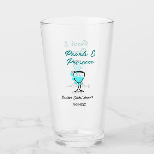 Parel en prosecco bruiloftsfeest blauw zwart naam glas (Voorkant)