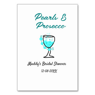 Parel- en prosecco bruiloftsfeest blauw zwart naam kaart