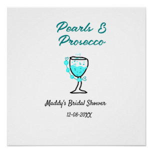 Parel- en prosecco bruiloftsfeest blauw zwart naam perfect poster
