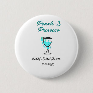 Parel- en prosecco bruiloftsfeest blauw zwart naam ronde button 5,7 cm