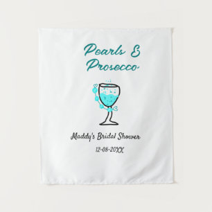 Parel- en prosecco bruiloftsfeest blauw zwart naam wandkleed