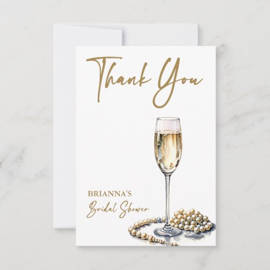Parel- en prosecco bruiloftsfeest elegant gedrukt bedankkaart (Voorkant)