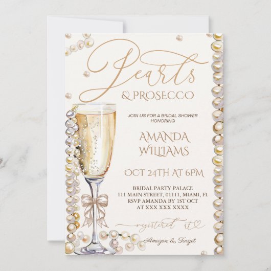 Parel- en Prosecco Bruiloftsfeest Elegant Kaart (Voorkant)