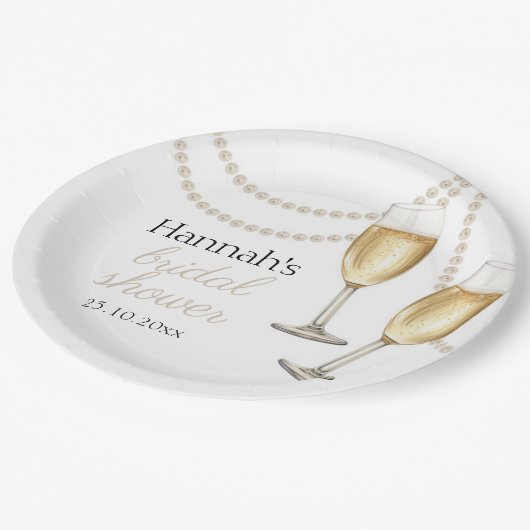 Parel en prosecco Elegante bruidsdouche Papieren Bordje (Gekanteld)