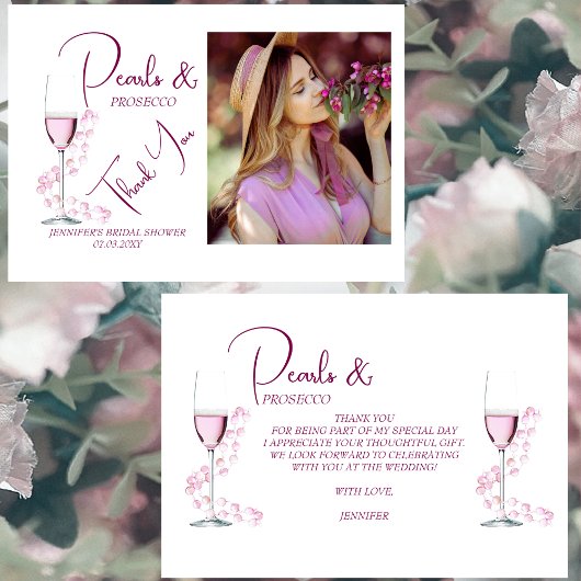 Parel en Prosecco Elegante Foto Bruidsdouche Bedankkaart