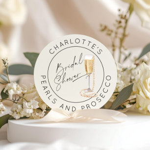 Parel en Prosecco Modern script Bruidsdouche Ronde Sticker
