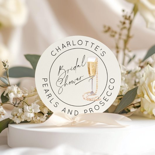 Parel- en Prosecco moderne script Bruidsdouche Ronde Sticker