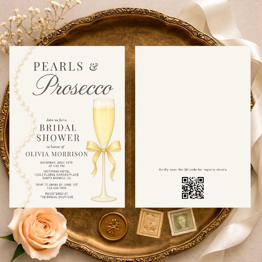 Parel- en Prosecco QR-code Bruidsuitnodiging Kaart