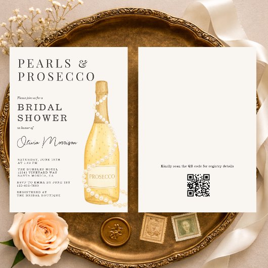 Parel- en Prosecco QR-code Bruidsuitnodiging Kaart