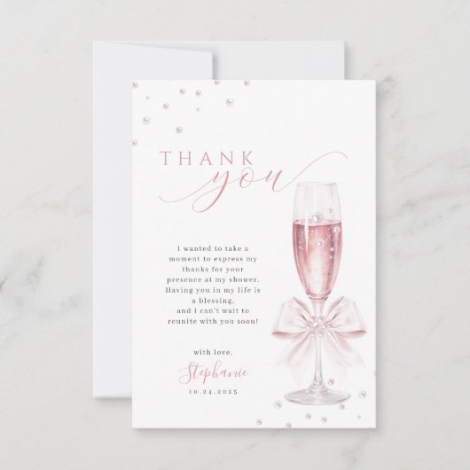 Parel- en Prosecco Roze Bruidsdiner Bedankkaart (Voorkant)