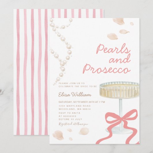 Parel en Prosecco Roze Coquette Bruiloftsborrel Kaart (Voorkant / Achterkant)