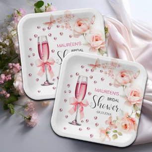 Parel en Prosecco Stof Roze Rozen Bruiloftsfeest Papieren Bordje