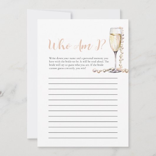 Parel en Prosecco Wie Ben Ik Bruiloftsspel Kaart (Voorkant)