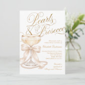 Parel en Prosecco Witte Strik Bruidsdouche Kaart (Staand voorkant)