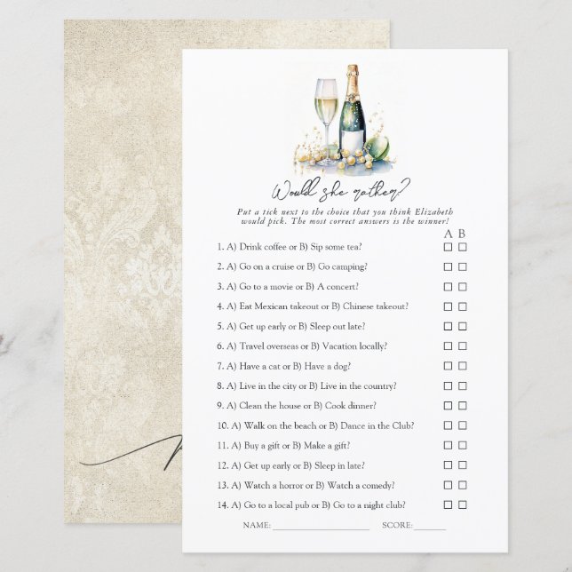 Parel en Prosecco, Zou Ze Liever? Bruidsfeestspel (Voorkant / Achterkant)
