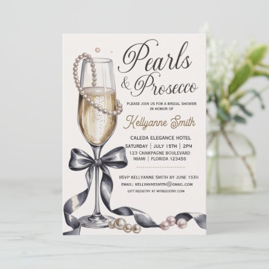 Parel en Prosecco Zwarte Strik Bruidsdouche Kaart (Staand voorkant)