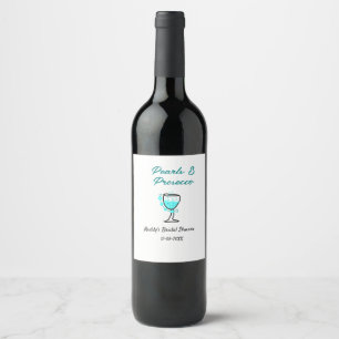Parel- en proseccobruiloftsdouche blauw zwart naam wijn etiket