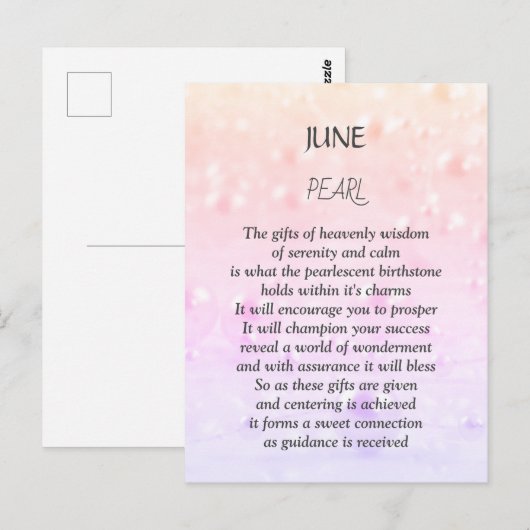 Parel geboortesteen juni briefkaart (Voorkant / Achterkant)