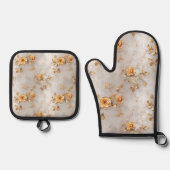 Parel Gouden Rozen Bloemen Ovenwant & Pannenlap Set (Voorkant)