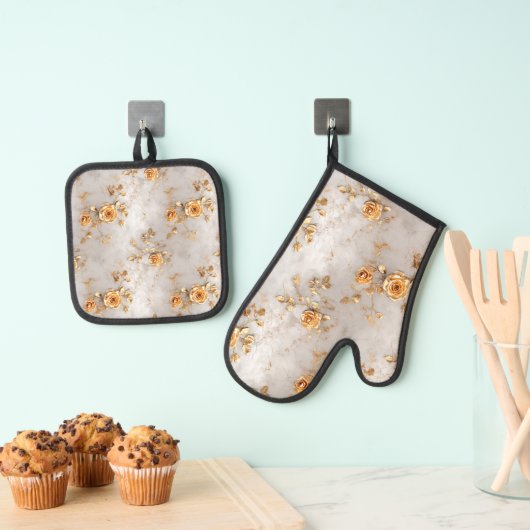 Parel Gouden Rozen Bloemen Ovenwant & Pannenlap Set (Insitu(Ophanging))