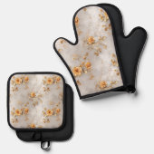 Parel Gouden Rozen Bloemen Ovenwant & Pannenlap Set (Voorkant / Achterkant)