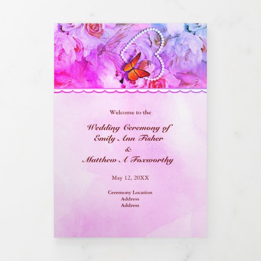 Parel Hart Bloemen Roze Bloemen Vlinder Bruiloft Drieluik Programma (Cover)