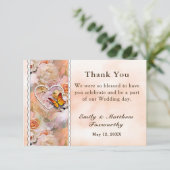 Parel Hart Sinaasappel Roze Rozen Vlinder Bruiloft Bedankkaart (Staand voorkant)