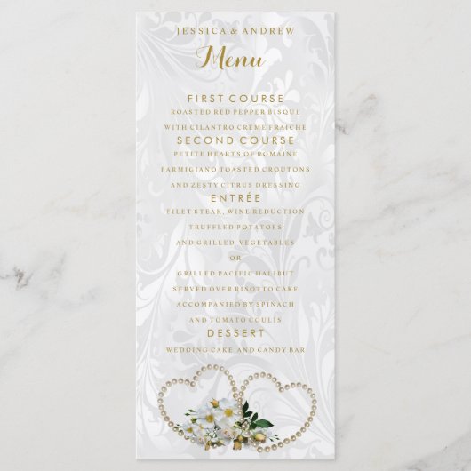 Parel Hartjes & Bloemen Damast Trouwmenu Menu (Voorkant)