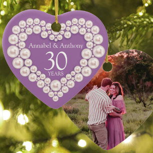 Parel huwelijksjubileum 30e hart paars keramisch ornament