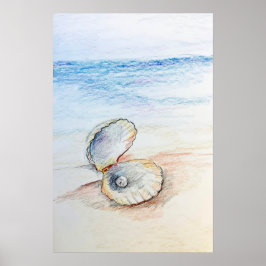 Parel In Mosselschelp Oceaan Strandgolven  Poster