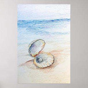 Parel In Mosselschelp Oceaan Strandgolven Poster