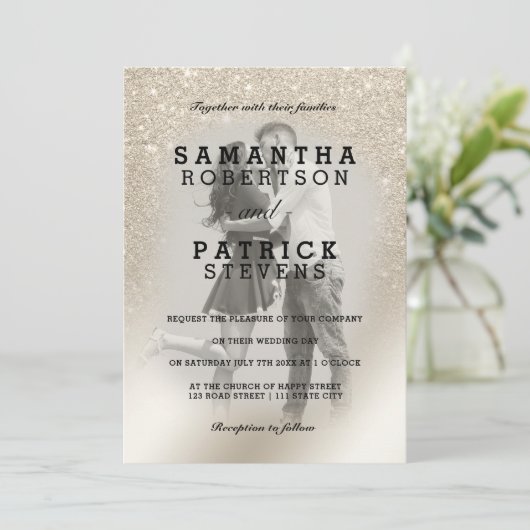 Parel ivoor glitter ombre metallic foto bruiloft kaart (Staand voorkant)