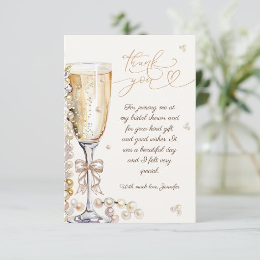 Parel & Prosecco Bruidsfeest Dank Je Bedankkaart (Staand voorkant)