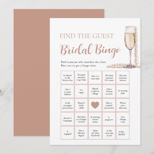 Parel & Prosecco Vind de Gast Bruidsbingo Game Kaart (Voorkant / Achterkant)