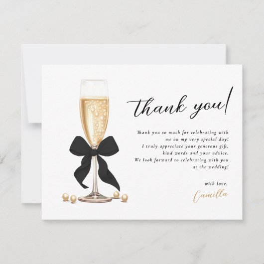 Parel & Prosecco Zwarte Bruiloft Bedankkaart (Voorkant)