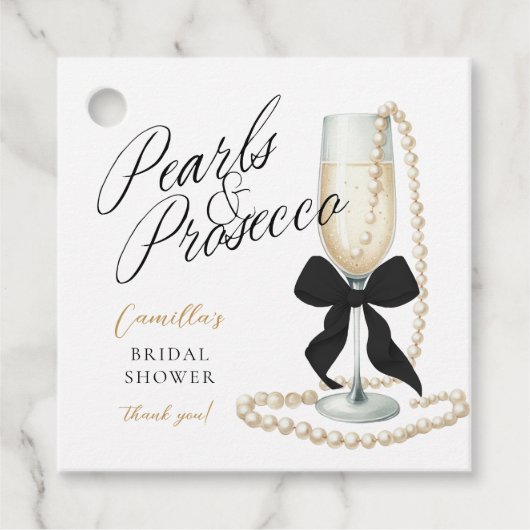 Parel & Prosecco Zwarte Strik Bruidsdiner Bedankjes Labels (Voorkant)