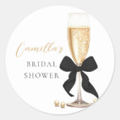 Parel & Prosecco Zwarte Strik Bruidsfeest Ronde Sticker (Voorkant)