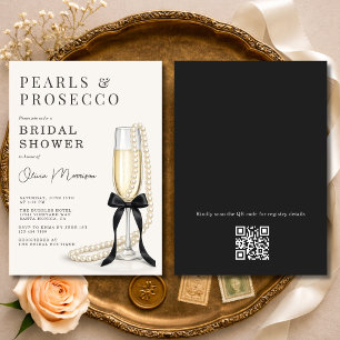 Parel & Prosecco Zwarte Strik QR Code Bruidsfeest Kaart