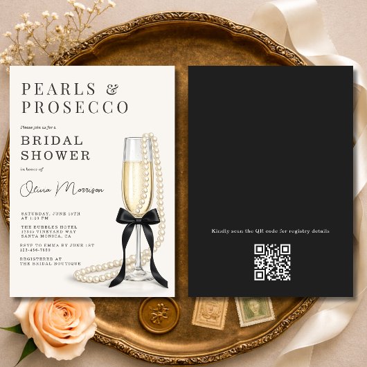 Parel & Prosecco Zwarte Strik QR Code Bruidsfeest Kaart