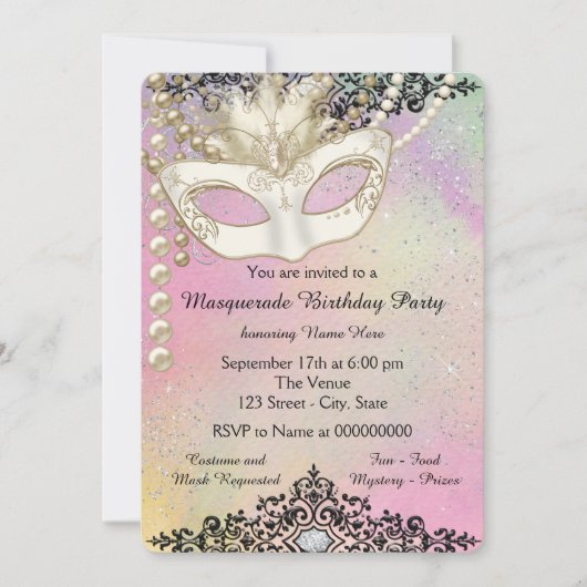 Parel Watercolor Masquerade Feest Kaart (Voorkant)