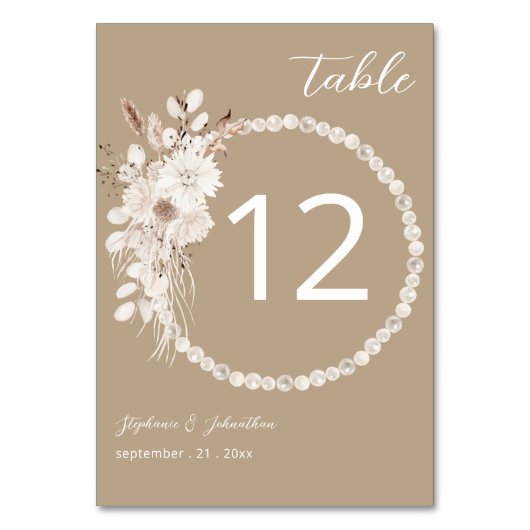 Parel & Witte Bloemige Beige Tafelnummer (Voorkant)