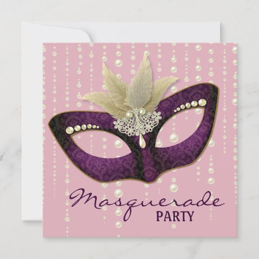 Parelachtige Roze Maskerade Feest Uitnodigingen (Voorkant)