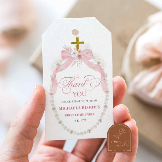 Parelgordijnroze Boho Eerste Heilige Communie Beda Cadeaulabel