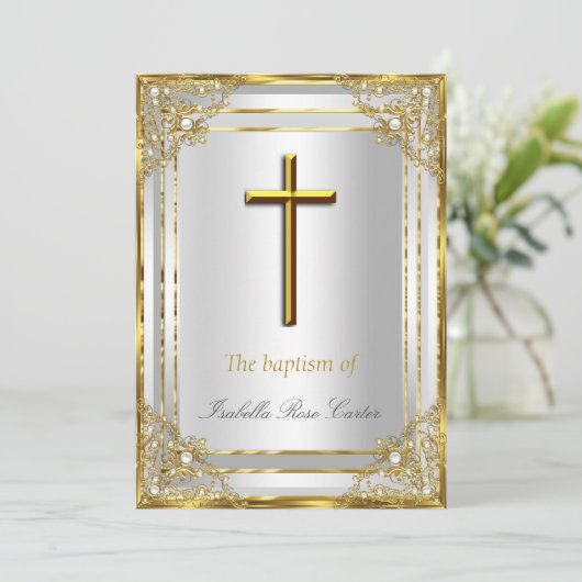 Parelgoud Witte Doop/Doopfeest Uitnodiging (Staand voorkant)