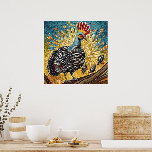 Parelhoenders die teken vangen - AI genereerde kun Poster (Keuken)