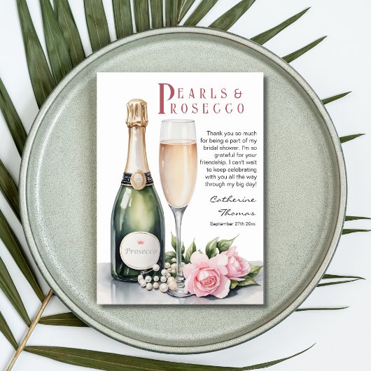 Parelmoer en Prosecco Bloemige Elegante Bruidsdouc Bedankkaart