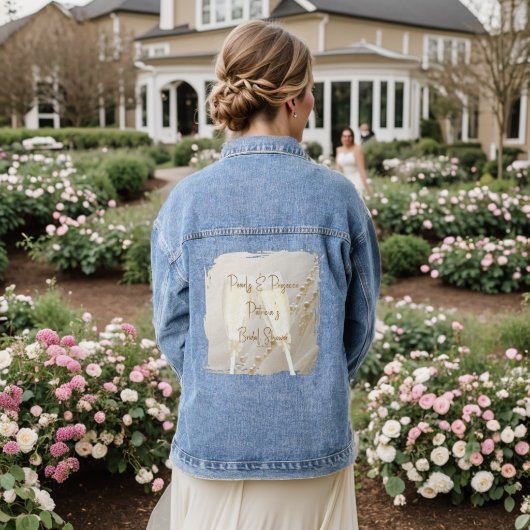 Parelmoer en Prosecco Moderne Elegante Bruidsborre Denim Jacket (Huwelijk Achterkant)