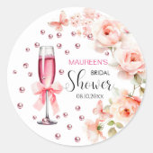 Parelmoer en Prosecco Stof Roze Rozen Bruidsdiner Ronde Sticker (Voorkant)